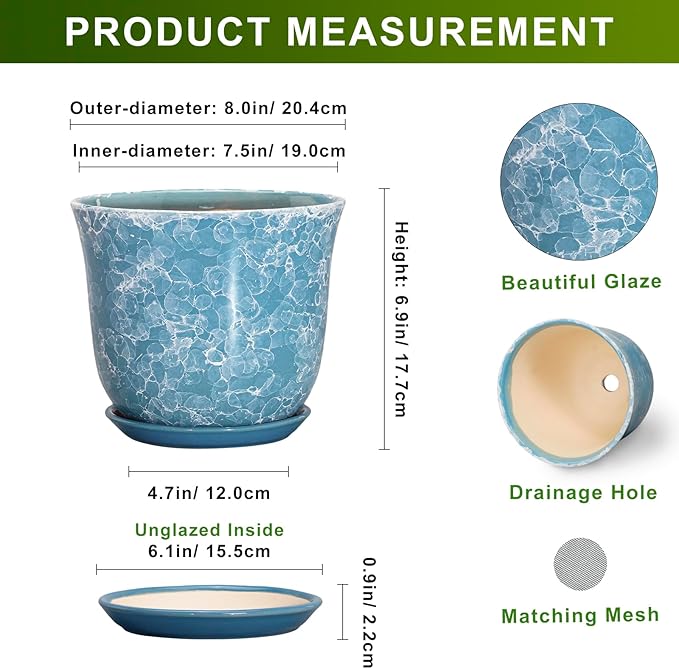 8 Inch Plant Pot - Ceramic Planter with Drainage Hole and Saucer, Round Planter for Indoor Outdoor, Modern Planter, Decorative Flower Pot, Apartment Garden Home Decor, Gardening Gifts, Blue