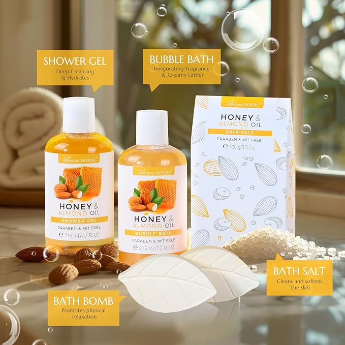 Bath Spa Gift Basket, Bath & Body Gift Set for Women & Men, Includes Shower Gel, Bubble Bath, Bath Salt, Bath Sponge, Spa Gift Box for Mother's Day, Birthday, Wedding, Honey & Almond 8pcs
