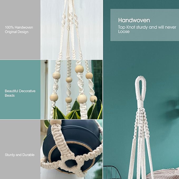 RIFNY Macrame Plant Hanger for 5 to 10 Inch Plant Pots, 35 Inch Indoor Handmade Woven Rope Hanger Kits with Hooks and Wood Beads, Hanging Planter Basket Holder for Boho Home Decor (White, 3 Pack)