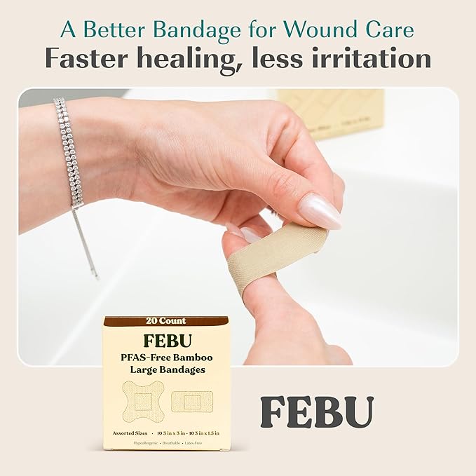 FEBU Eco-Friendly Large Bamboo Bandages | PFAS Free Bandages for Scrapes & Cuts | Flexible Fabric Bandage | Fully Compostable, Latex Free Bandage | 20 Count Large