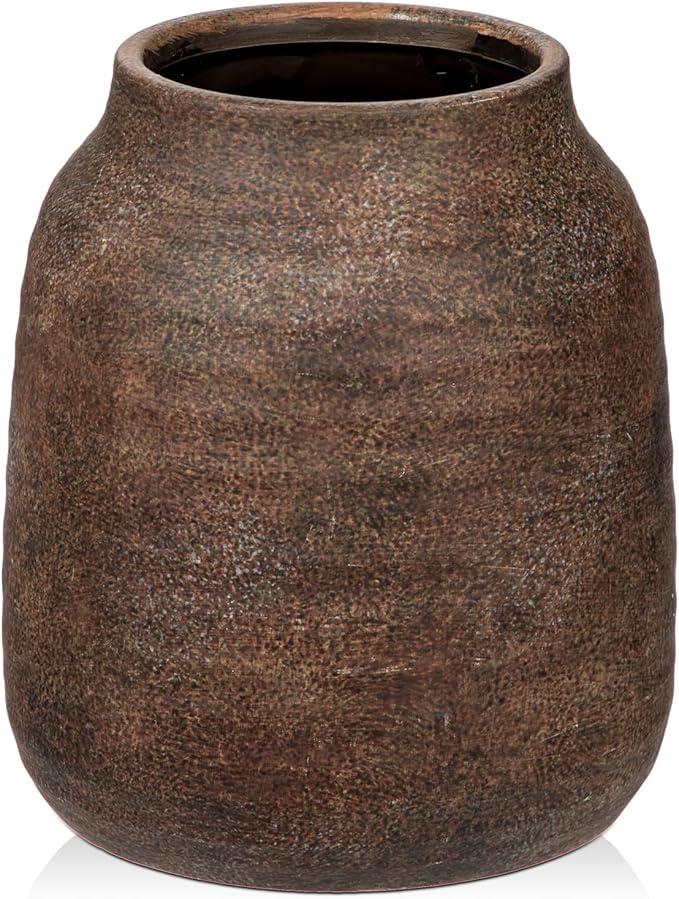 Briful 8.3in Rustic Ceramic Vase, Brown Vintage Flowers Vase, Extra-Large Rustic Farmhouse Vase, Whitewashed Terra Cotta Vase, Antique Pottery Pampas Vase for Home Living Room Kitchen Mantel Decor