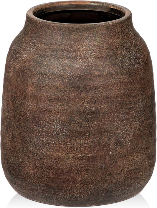 Briful 8.3in Rustic Ceramic Vase, Brown Vintage Flowers Vase, Extra-Large Rustic Farmhouse Vase, Whitewashed Terra Cotta Vase, Antique Pottery Pampas Vase for Home Living Room Kitchen Mantel Decor