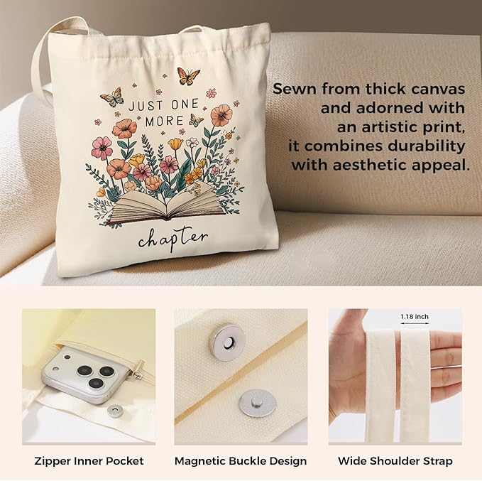 Cute Aesthetic Canvas Tote Bag for Women, Reusable Foldable Shopping Cotton Shoulder Totebag with Zipper Pocket