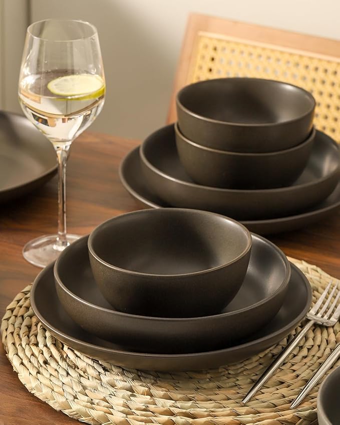 Dinnerware Sets, Stoneware Plates and Bowls Sets, Farmhouse 12 Piece Dish Set for 4, Ceramic Plates Set for Kitchen, Scratch Resistant, Dishwasher & Microwave Safe, Pure Black