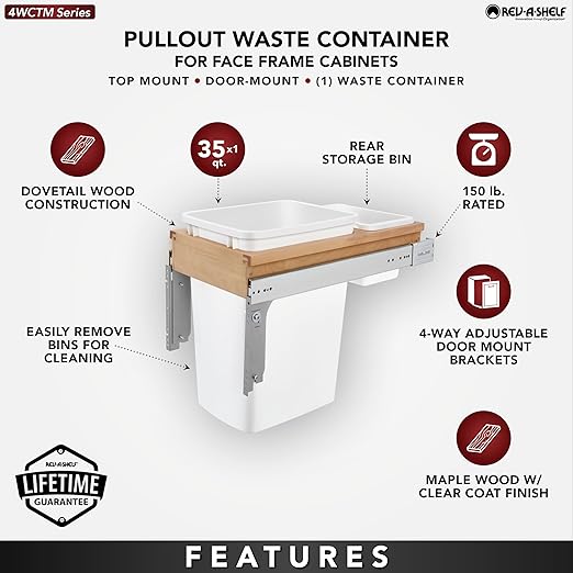 Rev-A-Shelf Top Mount Single Pullout Under Cabinet 35 Quart Kitchen Trash Cans with 150 Pound Rated Full-Extension Slides, 4WCTM-12DM1-175
