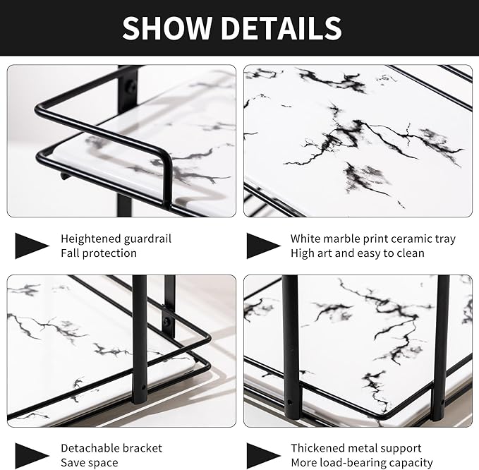 2 Tier Bathroom Cabinet Countertop Organizer Perfume Lipstick Makeup Organizer Cosmetics Storage Display Rack Vanity Tray Metal Dresser Storage Shelf White Marble Ceramic Tray Black