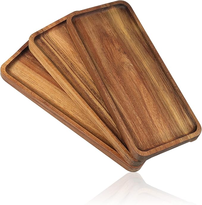 Wooden Serving Platter, 11.8 x 5.1 Inch, Set of 3, Acacia Wood Tray, Perfect for Serving Charcuterie, Desserts, Dips, Sushi, Parties, Family Gatherings, Weddings, and Home Decor, by GNIEMCKIN.