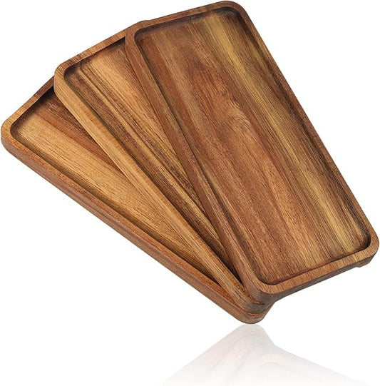 Wooden Serving Platter, 11.8 x 5.1 Inch, Set of 3, Acacia Wood Tray, Perfect for Serving Charcuterie, Desserts, Dips, Sushi, Parties, Family Gatherings, Weddings, and Home Decor, by GNIEMCKIN.
