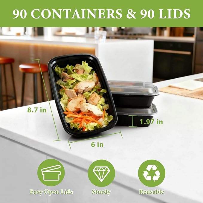 90 Pack 28 oz Meal Prep Containers Reusable with Lids, BPA-Free Single Compartment Food Containers, Durable & Stackable To-Go Boxes, Reusable Microwave Freezer Dishwasher Safe