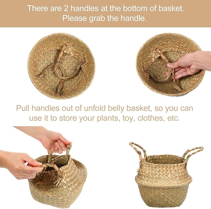 Set of 3 Woven Seagrass Belly Baskets with Handles, Natural Storage Basket Planters for Indoor Plants, Laundry, Picnic, Grocery and Home Decor