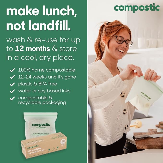Compostic Home Compostable Resealable Sandwich Bags (7"x7"), Microwave & Freezer Safe, Organic Food Storage Container, 60 Count