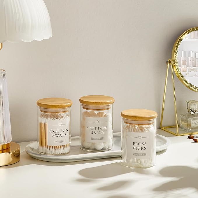 3 Pack Qtip Holder Dispenser - Glass Apothecary Jars with Lids, Cotton Ball Pad Swab Round Holder, Bamboo Bathroom Accessories, Bathroom Organizers Containers Jars Canisters with Lids