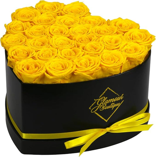 GLAMOUR BOUTIQUE 27 Flower Forever Heart Shape Box - Preserved Roses Gift for Her, Preserved Flowers, Yellow