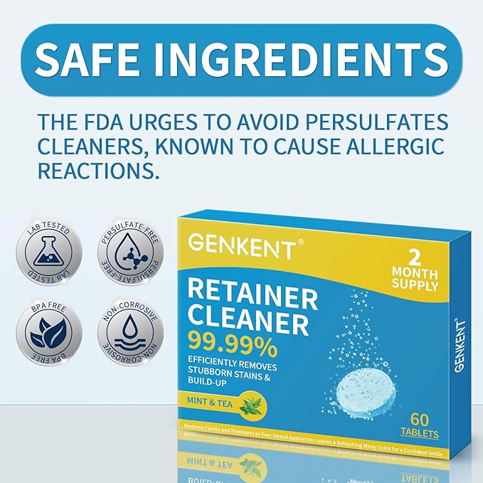 GENKENT Retainer Cleaner Tablets for Invisalign, Mouth Guard, Night Guard and More Dental Appliances, 60 Denture Cleaning Tablets