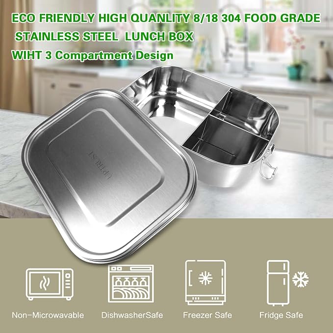UPTRUST Leak Proof Stainless Steel Bento Lunch Container, (47OZ/1400ML) Metal Bento Lunch Box for Kids or Adults, 3 Compartment Packing Box for Work Lunch