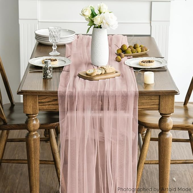 Artoid Mode 6PCS Dusty Rose Gauze Table Runner 120 Inch 10FT, Seasonal Sheer Kitchen Dining Holiday Wedding Birthday Baby Shower Table Decor for Home Party