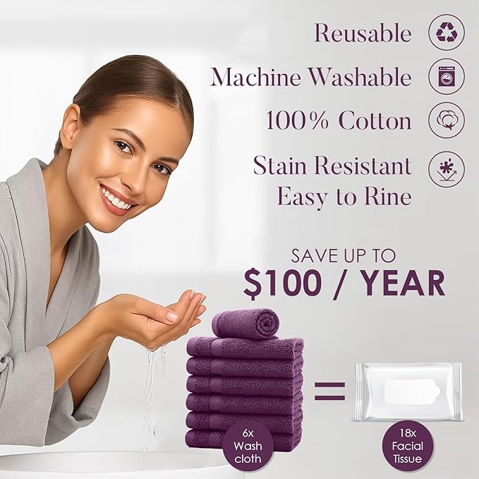 DAN RIVER 12-Pack Premium 100% Cotton Purple Passion Face Towels – Reusable Face Towel Set, Soft & Absorbent Rags for Bathroom & Body – Hand and Face Towels, 550 GSM (12x12 in)