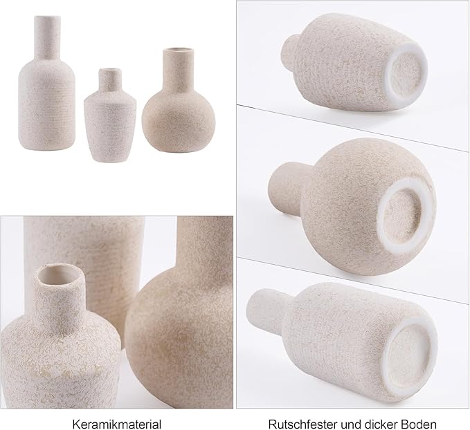 DN DECONATION Ceramic Vase Set of 3, Small Vases Home Decor Boho Rustic Farmhouse for Pampas Grass & Dried Fresh Flowers, Modern Decorative Vases for Living Room, Bedroom, Entryway, Shelf, Table Decor
