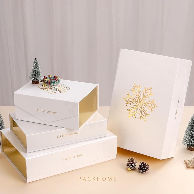 PACKHOME 6 Large Christmas Gift Boxes with Lids 13.5x9x4.1 Inches, Sturdy Collapsible Gift Boxes with Magnetic Closure (Gold Snowflake Pattern)