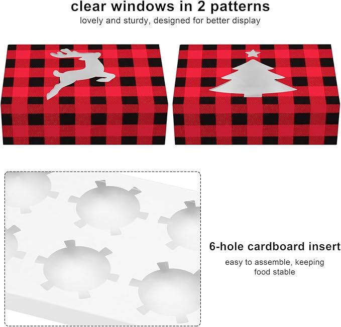 Ruisita 30 Pack Christmas Cupcake Boxes Plaid Cookie Gift Boxes Food Treats Container with Tags for Cupcake, Candy, Party Favors (Red+Black, 10 x 6.3 x 3 Inches)