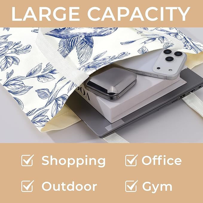 Cute Aesthetic Canvas Tote Bag for Women, Reusable Foldable Shopping Cotton Shoulder Totebag with Zipper Pocket