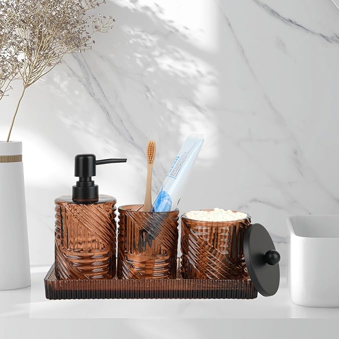 Bathroom Accessories Set,4 Pcs Amber Glass Bathroom Accessories Sets Complete with Lotion Soap Dispenser,Toothbrush Holder,Qtip Holder Dispenser and Vanity Tray,Bathroom Countertop Vanity Organizer