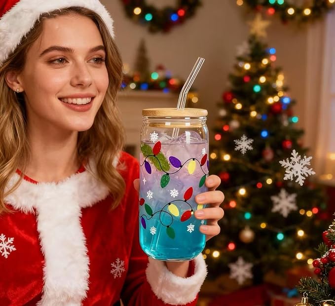 CHRISTMAS CUP WITH LID AND STRAPS 18 OZ Color Changing Christmas Lights for Party Glass Christmas Cups