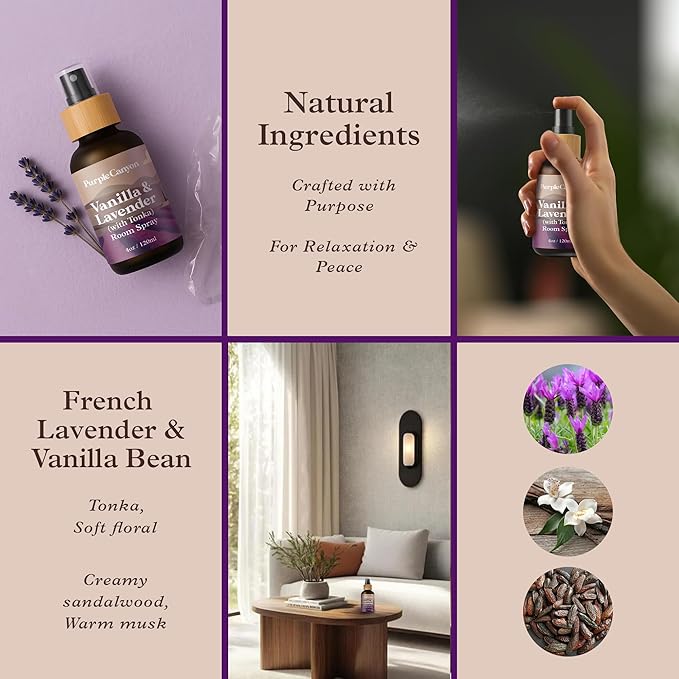 Purple Canyon Vanilla & Lavender with Tonka Room Spray — 4 oz Natural Linen & Room Freshener — Soothing Floral & Sweet Aroma — Spa-Like Relaxation — Premium Natural Fragrance Oils