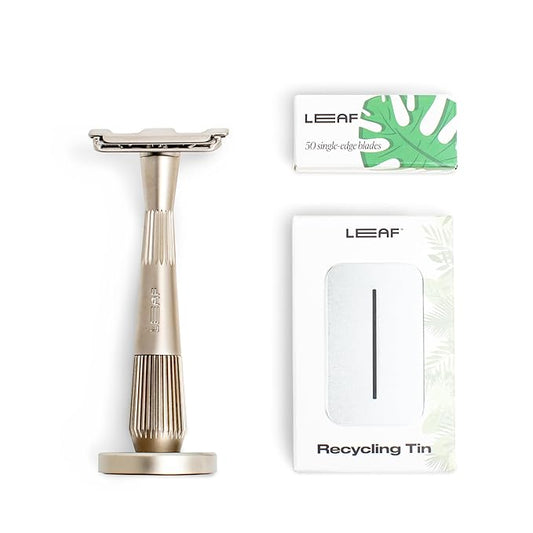Leaf Shave | Leaf Twig Razor Set, Includes Twig Razor, Matching Stand, 50-Pack Single-Edge Blade Refills, and Blade Bank - Silver
