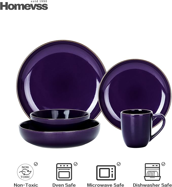 HomeVSS 20-Piece Dinnerware Set - Serves 4, Bright Glaze Purple plates and bowls sets with Speckle Effect for Microwave & Dishwasher Safe