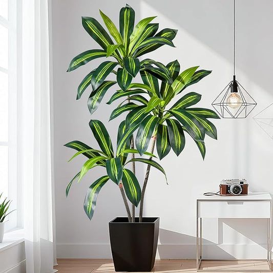 Artificial Dracaena Plant 4FT - Realistic Fake Dracaena Tree Tall Large Faux Silk Plants Fake Floor Potted Artificial Plants for Home Decor, Office Plants