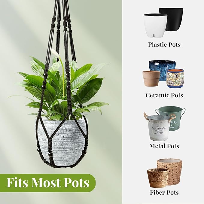 Macrame Plant Hanger Indoor Set of 4 with 8 Hooks, Indoor Outdoor Hanging Planter for Plants Holder with Decorative Wood Beads & No Tassels, Boho Home Decor, 35 Inch Black (Pots Not Included)