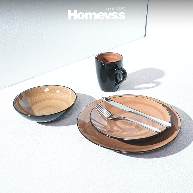 Sonoma 16pc Stoneware Dinnerware Set, Outside Black + Inside Hand Painting Color Mocha