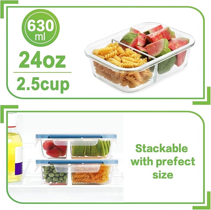 HOMBERKING 10 Pack 24oz Glass Meal Prep Containers 2 Compartment, Food Storage Containers with Lids, Airtight Glass Lunch Bento Boxes, BPA-Free & Leak Proof (10 lids & 10 Containers) - Deep Blue