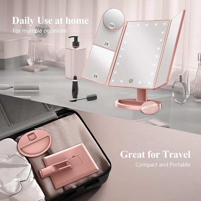 HUONUL Makeup Mirror Vanity with Lights, 2X 3X 10X Magnification, Touch Control, Trifold Mirror, Dual Power Supply, Gifts for Women, Wife, Mom, Teengirls(Rose Gold)