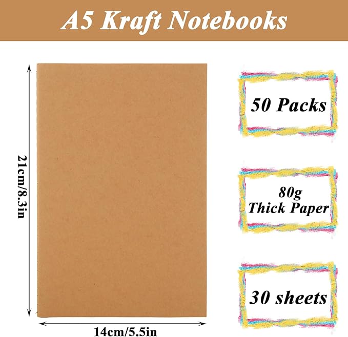 MIVIDE 50 Pack A5 Kraft Notebooks Bulk, 8.3” x 5.5” Lined Paper Journal Notebooks, 30 Sheets 60 Pages, Lined Travel Notebooks for Writing, Making Plans, School Office Supplies