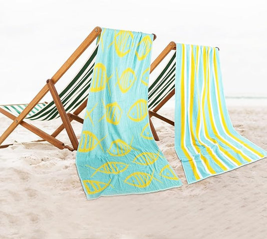 CASA COPENHAGEN Miami Bath Towels Designed in Denmark Rough and Tough, Quick Dry, for Pool, Bath & Shower 30"x60", 2 Pieces Cotton Beach Towels Set - Fish Teal + Yellow Stripe