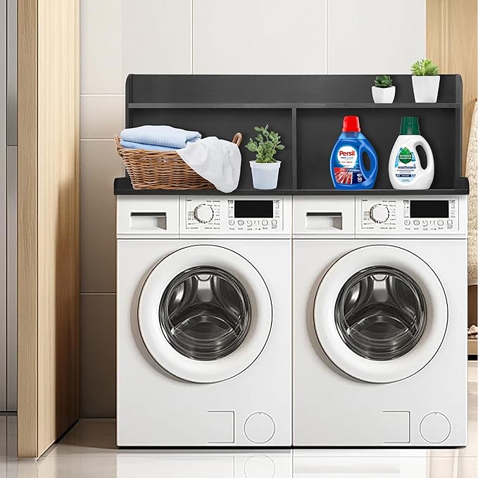 Royxen 2-Tier Washer Dryer Countertop,19.5"H Wood Washer and Dryer Topper with Storage Shelf,Laundry Countertop Over Washer Machine, Universal Fit for Laundry Room Organization (Black, 54"W X 27.5"D)