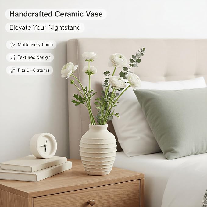 6.6-Inch Off-White Ceramic Flower Vase, Rustic Farmhouse Boho Pottery Centerpiece for Table, Living Room & Shelf