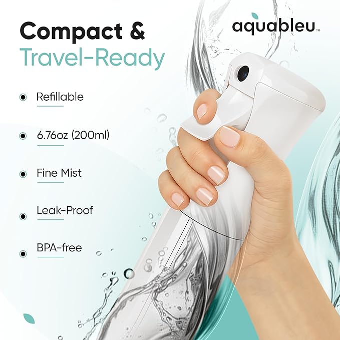 Aquableu Spray Bottle for Hair – Continuous Mist Spray Bottle for Hair Care, Styling, Cleaning, Plants, Pets & Essential Oils (Clear, 6.76oz/200ml)