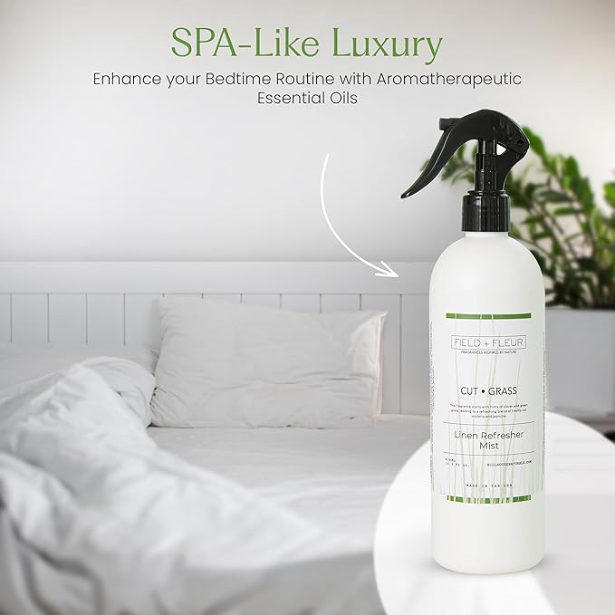 FIELD FLEUR Cut Grass Linen & Room Spray 15.5 oz - Aromatic & Refreshing Bedding & Fabric Mist - Air Freshener for Clothes & Sofas - Notes of Clover, Green Grass, Wisteria & Jasmine - Made in USA