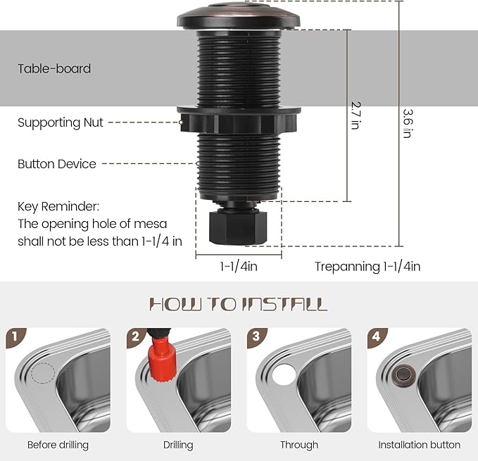 Garbage Disposal Air Switch Kit Sink Top Waste Disposal Long Stainless Steel Oil Rubbed Bronze On/Off Air Button Food and Waste Disposals Part by Etoolcity, UL Listed