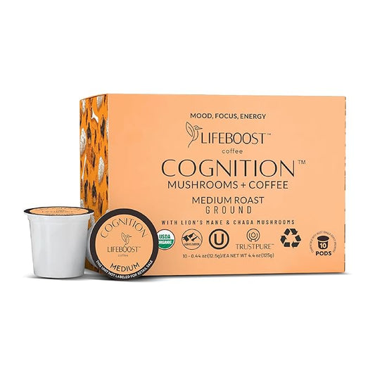 Lifeboost Cognition Mushroom Coffee Pods – Organic Low Acid K-Cups with Lion’s Mane & Chaga Adaptogens – Nootropic Coffee for Energy, Focus & Immune Support – 10 Count