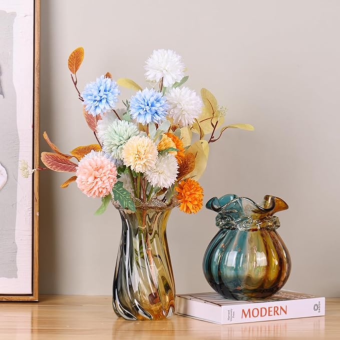 Amber Glass Vase Home Decor, Hand Blown Glass Vases Wide Mouth for Pampas Grass and Flower Decorative, Modern Minimalism Art Murano Clear Glass Vase, Coffee Table, Office Centerpiece