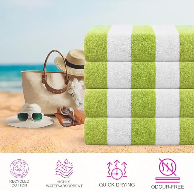 CASA COPENHAGEN Cabana Towel Designed in Denmark Rough and Tough, Quick Dry, Beach, Pool, Bath & Shower 30x60 inches 4 Pieces Cotton Beach Bath Towels Set - Green