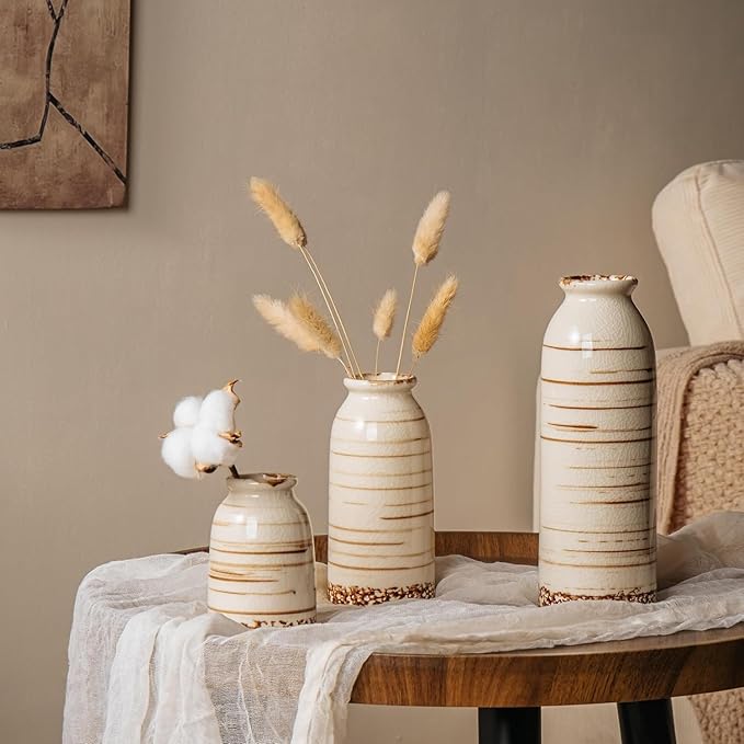 Ceramic Vase Set of 3,Small Vase for Flowers,Rustic Farmhouse Vase for Home Decor,Minimalist Vintage Flower Vases for Living Room,Table Shelf,Centerpieces,Fireplace and Entrance Decorations