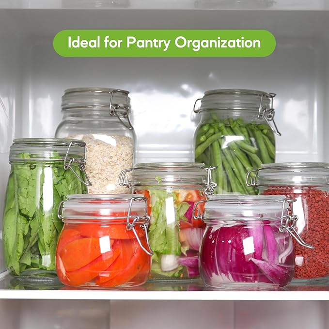 EkkoVla 34 oz Glass Food Storage Jars with Airtight Clamp Lids, Set of 3 Kitchen Canisters, Round Mason Jars Containers for Pasta, Coffee, Candy, Flour, Cereal, Dog Treats, Snacks and Canning