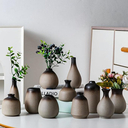 Rustic Ceramic Bud Vase Set of 11, Small Vases for Pampas Grass, Flowers, Modern Farmhouse for Home Decor, Vintage Decor, for Living Room, Dining Table & Shelves