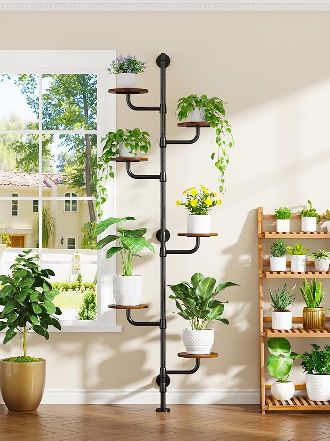 Plant Stand Indoor, 6-Tier Plant Shelf, Tall Wall Mounted Metal Pole & Rotating Wooden Board Plant Holder for French Window, Corner, Home Decor - C5
