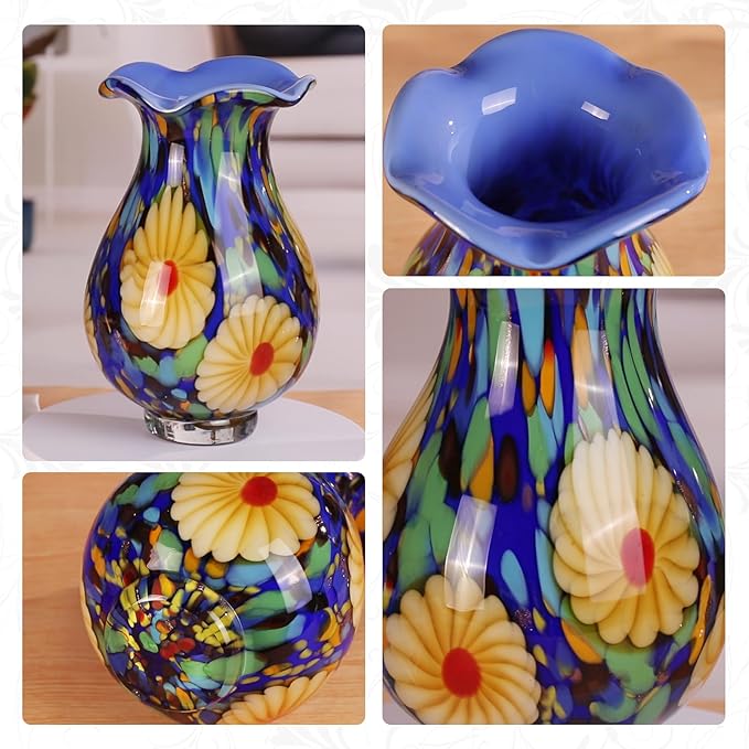 KAMMAK Colored Glass Vase, Beautiful Hand Blown Decorative Vase, Modern Art Vase for Flower Mantle Dining Table Centerpiece, Entryway Living Room Wedding Decoration, FH023